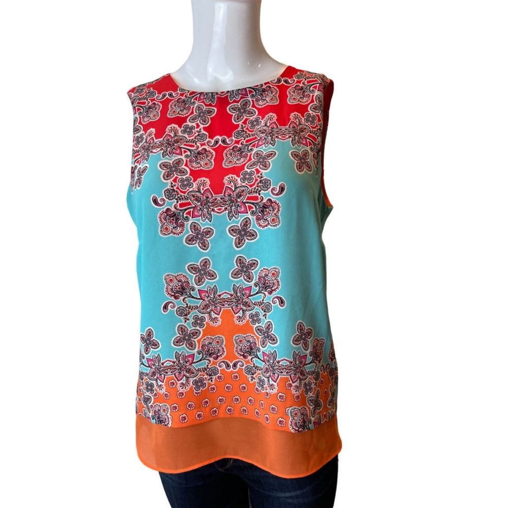 Rose + Olive Women Floral Tank Blouse Sleeveless Round Neck Blue Orange Size M